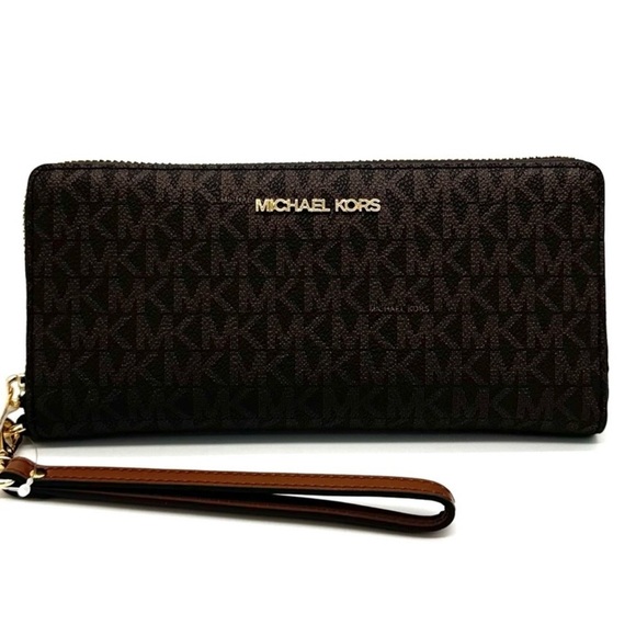 Michael Kors Large Travel Continental Wallet Wristlet Brown/Gold - Picture 1 of 10